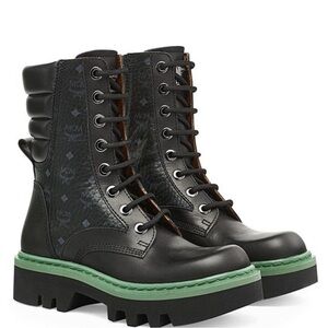 NIB MCM Motor Vise Lace Up Leather Boots in Black / Green